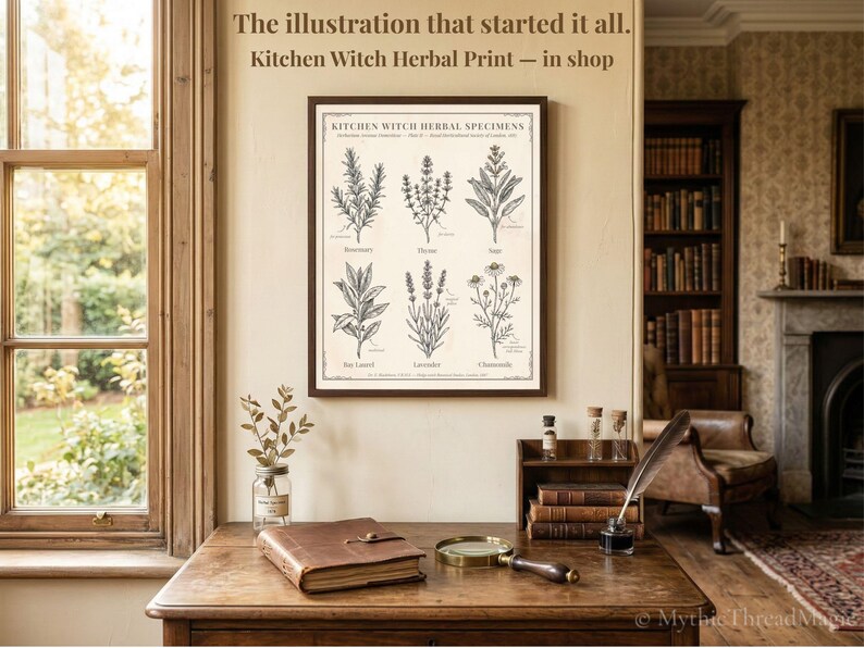 Cross-sell preview showing the original Kitchen Witch Herbal print framed and hanging in a sunlit Victorian study, inviting shoppers to discover the matching art poster that started the entire Scattered Kitchen Herbs collection. By MythicThreadMagic.