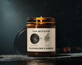 Bougie de sorcière, cire de soja purificatrice à la sauge - Cadeaux gothiques et ésotériques, pot ambré parfumé à la nouvelle lune, décoration d'autel pour rituels et intentions, 255 g