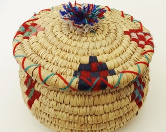 ETHNIC BASKET w/ LID - Woven with Coiled Technique - Decorated with Multicolored Wool Thread in Red, Purple & Turquoise