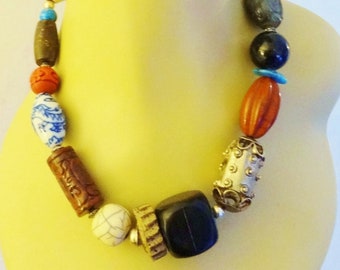 THE  WORLD TRAVELLER - One of a Kind Designer Necklace of Gemstones, Sterling Silver, Porcelain,  Cinnabar, Bone & Raku Pottery