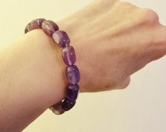 AMETHYST GEMSTONE BRACELET - Stretch Bracelet (No Clasp Needed) of 15 Cylindrical Natural Amethyst Beads