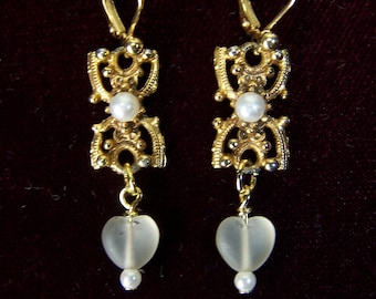 LOVELY BRIDAL EARRINGS - Romantic & Unique - Rectangular Openwork Filigree Panels, Pearls and Frosted Glass Hearts - Secure Lever-back Wires