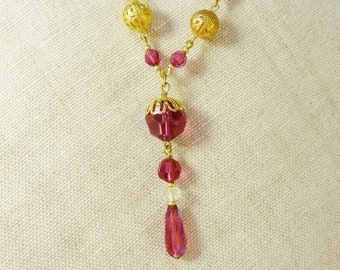 EDWARDIAN STYLE SAUTOIR - Long Crystal Beads with Pendant Drop - Magenta & Clear Faceted Glass with Gold Filigree - One-of-a-KInd