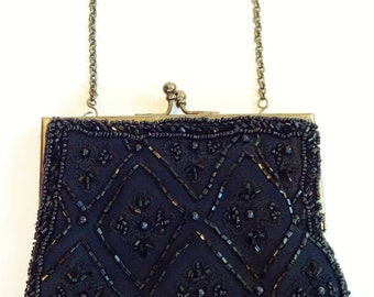 BEADED EVENING BAG - Black Matte Crepe Fabric with Faceted and Round Black Glass Beads - Pewter Color Metal Frame & Chain Handle