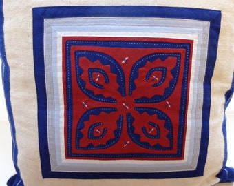 ETHNIC APPLIQUE' PILLOW - Homespun Fabric w Fine Cotton Borders, Cut-outs & Appliques - Wine Red, Dk Blue, Lt Blue, Grey, Cream