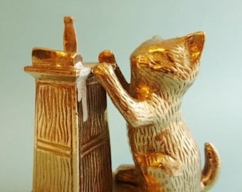 CAT & SPILLED MILK - Naughty Cat Turns Over Milk Bottle - Heavy Solid Brass Figurine - 4 1/2 in. (11.5 cm) High - Excellent Condition