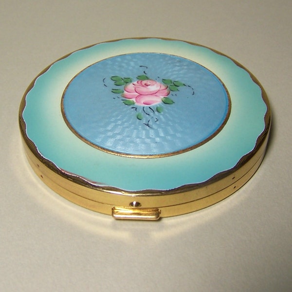 GUILLOCHE ENAMEL COMPACT - From Between 1930 & 1950 - Brass with Sky Blue Enamel - Hand Painted Pink Rose