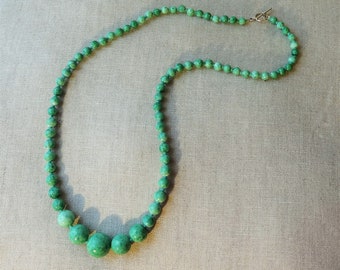 LONG 1930s GLASS BEADS - Simulated Jade, Graduated from 17 mm to 5 mm - 26 in. (66 cm) Long - Re-strung on Strong Metal Cable