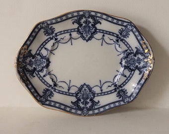 ANTIQUE SERVING DISH by Adderley & Co. - 'Laurier' Pattern - Small 8 sided Oval Tray - Dark Blue and White with Gilding