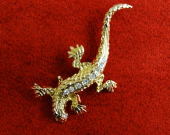 SPARKLING LIZARD BROOCH - Gold Plated - Set with 10 Rhinestones - 2 in.  (5.2 cm) Long