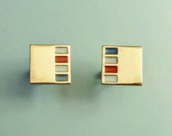 MODERNIST CUFF LINKS - Inlaid Enamel in 3 Colors on Silver Tone Metal - Mid Century Modern Style - Unisex Shirt Accessory