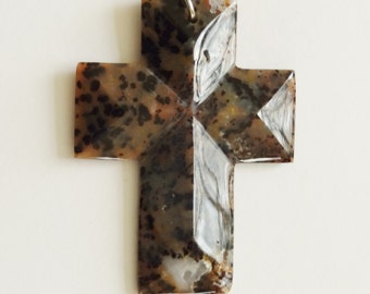 LARGE GEMSTONE CROSS Pendant - Unusual Speckled Jasper with Quartz Inclusion - Fitted with  Silver Tone Bail