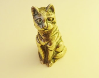 BRASS CAT FIGURE - Sitting Cat with Thick Tail - Hollow Cast Brass - Quite Detailed with Nice Patina