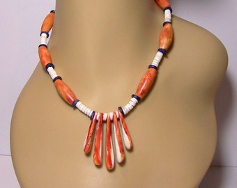 SHELL & TERRACOTTA NECKLACE - Coastal Chic - Carved  Graduated Shell Pendants, Heishi (Shell Discs) and Ceramic Beads