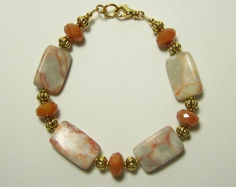 JADE & JASPER BRACELET -  Faceted Apricot Color Jade Roundels and Marbled Jasper Rectangles - 7 3/4 in. (19.7 cm) Long with Sturdy Clasp