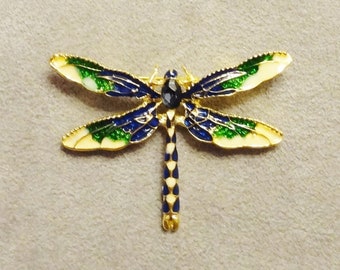 LOVELY DRAGONFLY BROOCH - Set with an Oval Blue Rhinestone & Enameled in Blue Green and Light Yellow