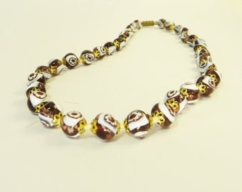 1960s VENETIAN GLASS BEADS - Transparent Purple & Opaque White with Gold Filigree Caps - 17 in. (43.3 cm) in Length