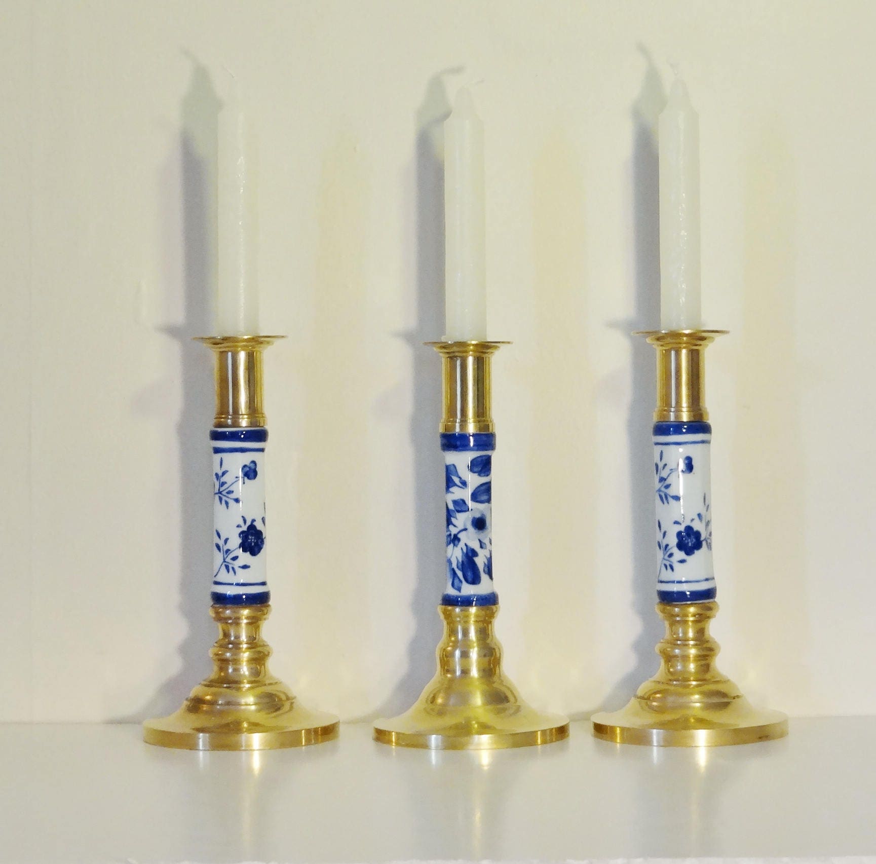 3 BLUE & WHITE CANDLESTICKS Brass Candle Holders with Cobalt Etsy