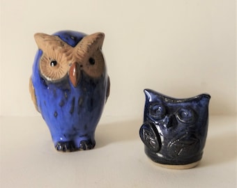 2 POTTERY OWLS - Unique Handmade Collectibles - Cobalt Blue - Large One is 4 in. (10.2 cm) High,  Smaller One is 2 in. (5 cm) High