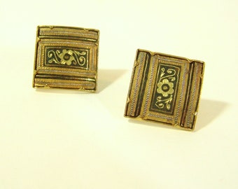 1950s DAMASCENE EARRINGS - Made In Spain - Inlaid Multiple Metals Set In Brass - Screw Backs