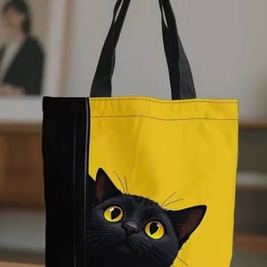 Black Cat Tote Bag – Double-Sided Print, Large Shopping Bag, Foldable & Reusable, Gift for Cat Lovers