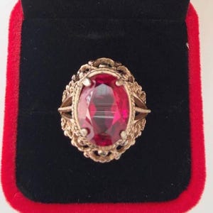 Vintage Soviet Ruby Ring 875 Silver Gold Plated Filigree Statement Ring USSR 1970s