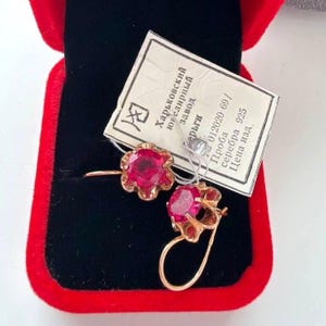 Vintage ukrainska tulpanörhängen, 925 sterlingsilver, förgyllt, rosa korundrubin, sovjetiska smycken