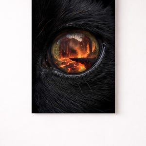 Panther Eye Macro Poster | Lava Cave Reflection Art | Dark Wildlife Print | Surreal Big Cat Wall Art | Moody Fire Fantasy Gift
