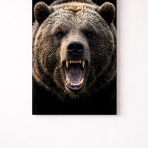 Roaring Grizzly Bear Poster | Aggressive Wildlife Art | Black Background | Dramatic Dark Animal Print | Man Cave Decor | Nature Wall Art