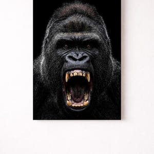 Roaring Gorilla Poster | Fierce Silverback Wall Art | Dark Wildlife Print | Black Background | Dramatic Primate Decor | Powerful Animal Gift
