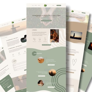 Peut inclure: Maquette de conception de site web avec un schéma de couleurs vert clair et beige. Les pages du site web présentent du texte et des images liées au bien-être et à la massothérapie. Le texte comprend la phrase "Accompagnements en douceur, pour le corps et l'esprit".