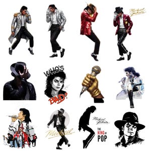 May include: A collection of stickers featuring various illustrations of Michael Jackson in iconic poses and outfits. The images include depictions of the singer in different outfits, including a red jacket, a silver jacket, and a black suit. Some images include text.