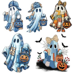 Fantasma spettrale patchwork alla moda PNG, Fantasma retrò di Halloween in denim blu PNG, Fantasma carino Boo civetta PNG, Zucca autunnale PNG, Spettrale Halloween PNG