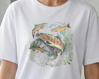 Camiseta vintage de acuarela de trucha arcoíris, camiseta retro de pesca con mosca de peces de agua dulce, arte de la naturaleza, para pescadores, ilustración de peces de la naturaleza