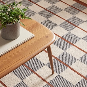 May include: A woven area rug featuring a grid pattern of cream, dark gray, and rust-colored lines. The rug is partially covered by a light wood coffee table with rounded edges, which holds a gray planter with a green fern and a closed book.