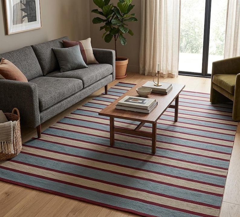 May include: A rectangular area rug with horizontal stripes in light blue, beige, and burgundy. The rug is placed on a hardwood floor in a living room setting, with a gray sofa, coffee table, and a green plant in the background.