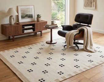 Handwoven Geometric Dhurrie Rug, Minimalist Cotton Kilim, Scandinavian Area Carpet