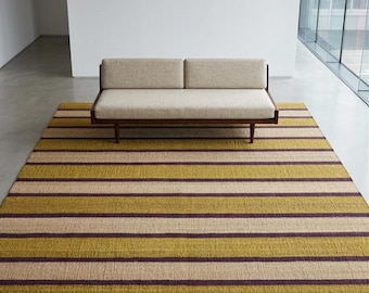 Handwoven Wool Striped Area Rug, Mustard Beige Boho Carpet, Living Room Floor Rug