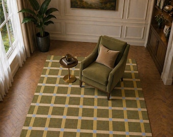 Handwoven Olive Green Plaid Wool Rug, Modern Geometric Area Carpet