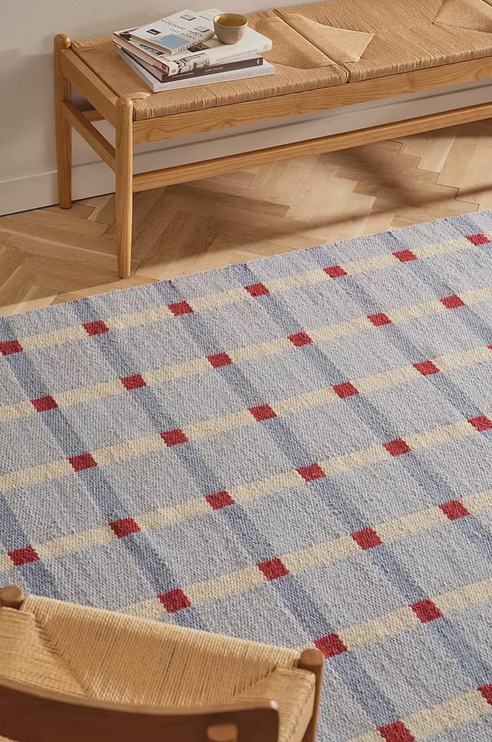Handwoven Wool Checkered Area Rug | Blue Beige Red Grid Pattern Carpet ...