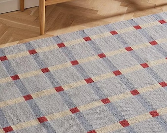Handwoven Wool Checkered Area Rug | Blue Beige Red Grid Pattern Carpet