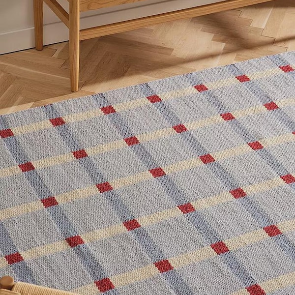 à carreaux en laine tissée à la main | Tapis à motif quadrillé bleu beige rouge