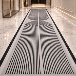 Hand Tufted Wool Geometric Runner Rug, Black White Hallway Carpet