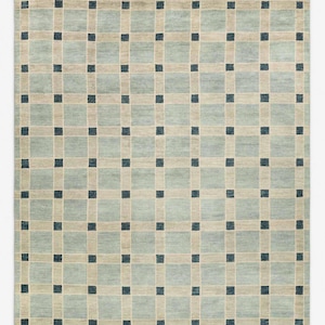 Handwoven Wool Rug, Pastel Green Checkered Grid, Minimalist Area Carpet, Modern Home Decor