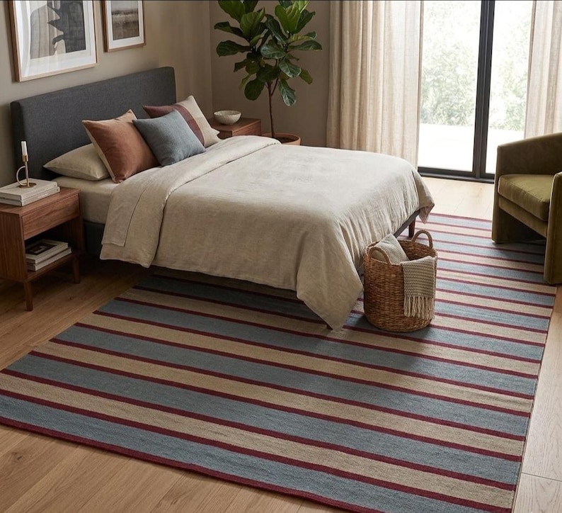 May include: A bedroom scene featuring a bed with a gray headboard, pillows, and a beige comforter. A striped rug in shades of blue, beige, and burgundy covers the floor. A woven basket with a blanket sits near the bed, and a green armchair is in the background.