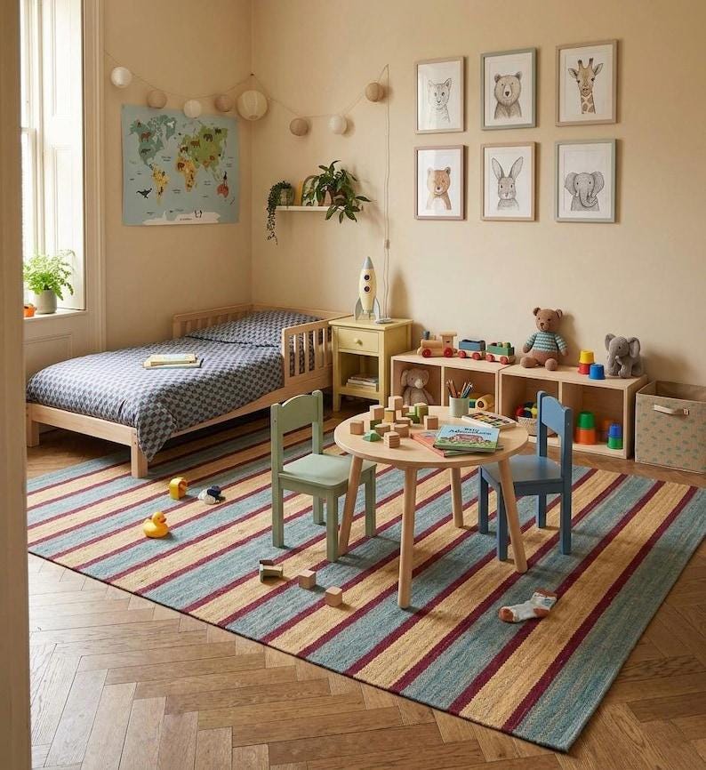 May include: A child's bedroom with a wooden bed, a round table, and two chairs. A striped rug in blue, yellow, and red covers the floor. Artwork of animals hangs on the wall. Toys and books are on the table and shelves.