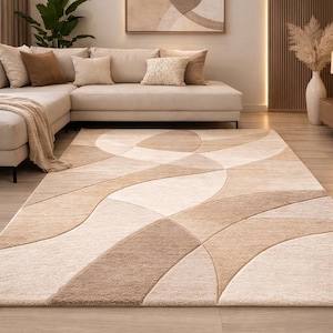 Hand Tufted Wool Rug, Neutral Abstract Geometric Design, Modern Beige Carpet