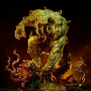 May include: A detailed sculpture of a swamp creature with a green, textured body covered in vines and leaves. The creature has red eyes and is posed in a crouching position, with a detailed base of wood and foliage.
