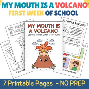 Può includere: Un set di sette pagine di attività educative stampabili intitolate My Mouth Is A Volcano, con un personaggio vulcano a cartone animato, sezioni da colorare e testi sull'imparare ad aspettare, ascoltare e rispettare i turni a scuola.