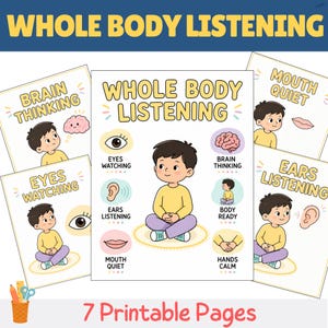 May include: A set of seven printable educational pages titled Whole Body Listening. Each page features illustrations of a child in a yellow shirt and purple pants, with text labels including Brain Thinking, Eyes Watching, Mouth Quiet, and Ears Listening.